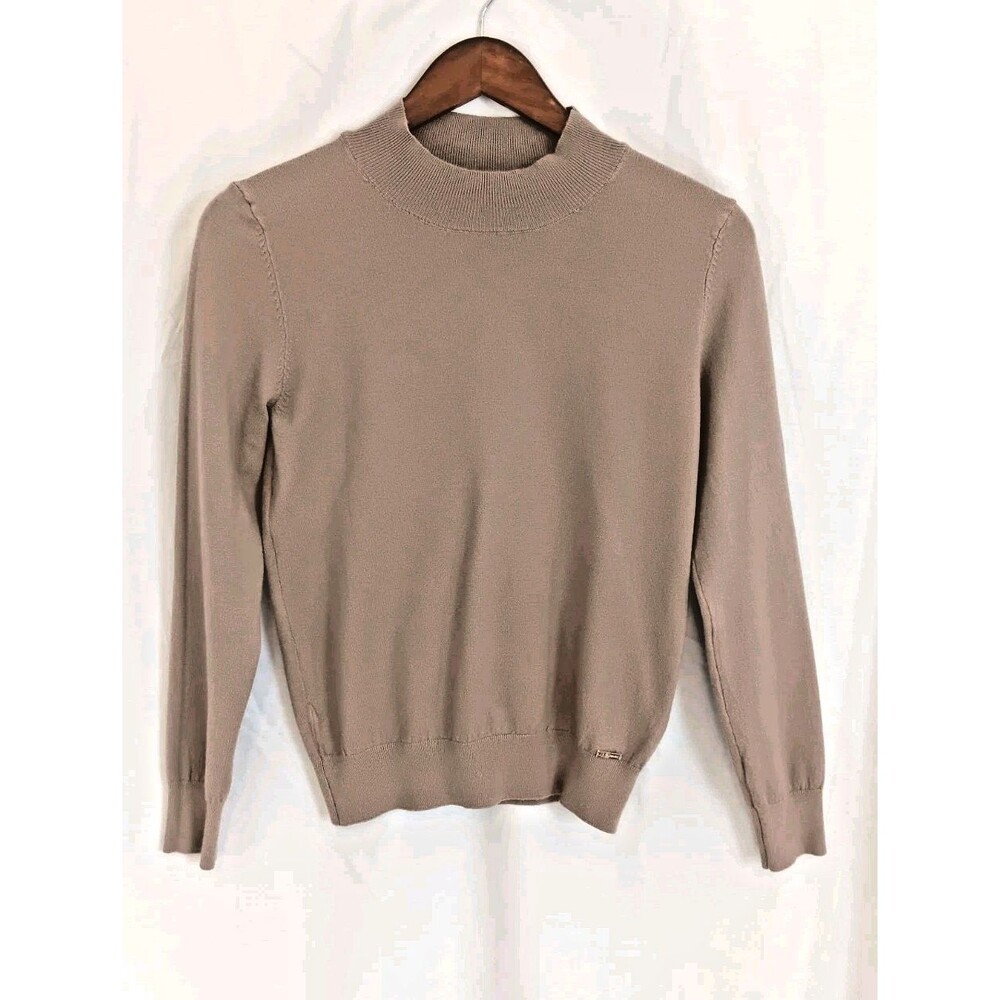 Tahari Women’s Small Petite Taupe Mock Neck Knit Sweater Wool Blend Long Sleeve